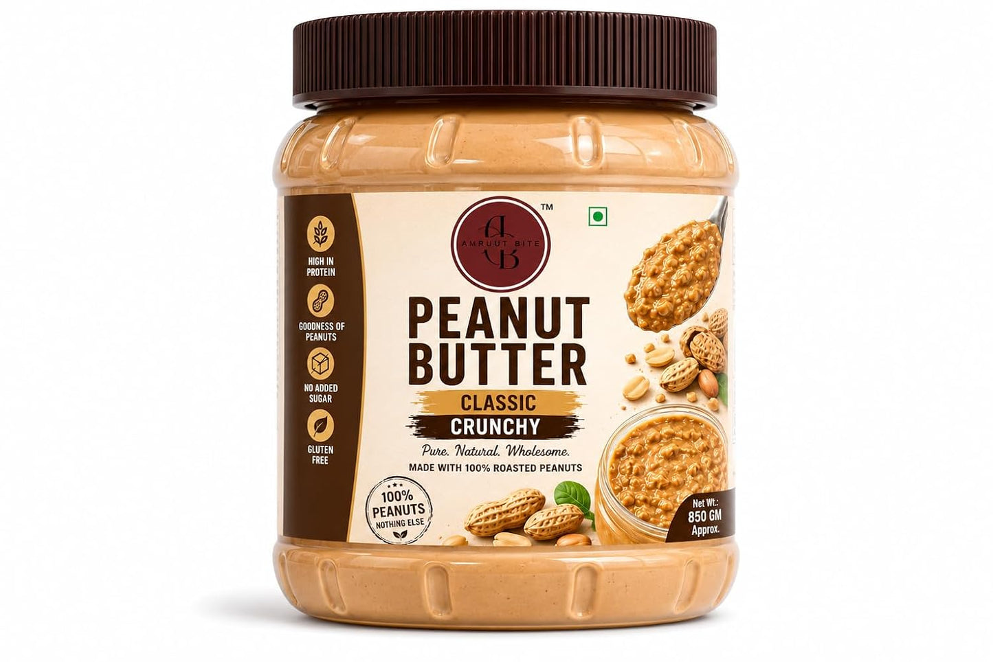 Amruutbite Peanut Butter Classic Crunchy, High in Protein, No Added Sugar, Gluten Free, 850g