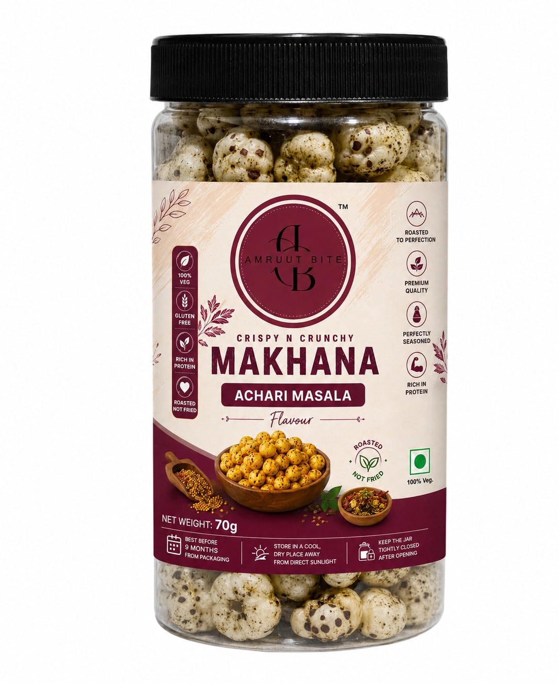 Amruut Bite Crispy N Crunchy Makhana, Achari Masala Flavour, Roasted Not Fried, Gluten Free, Rich in Protein, 70g