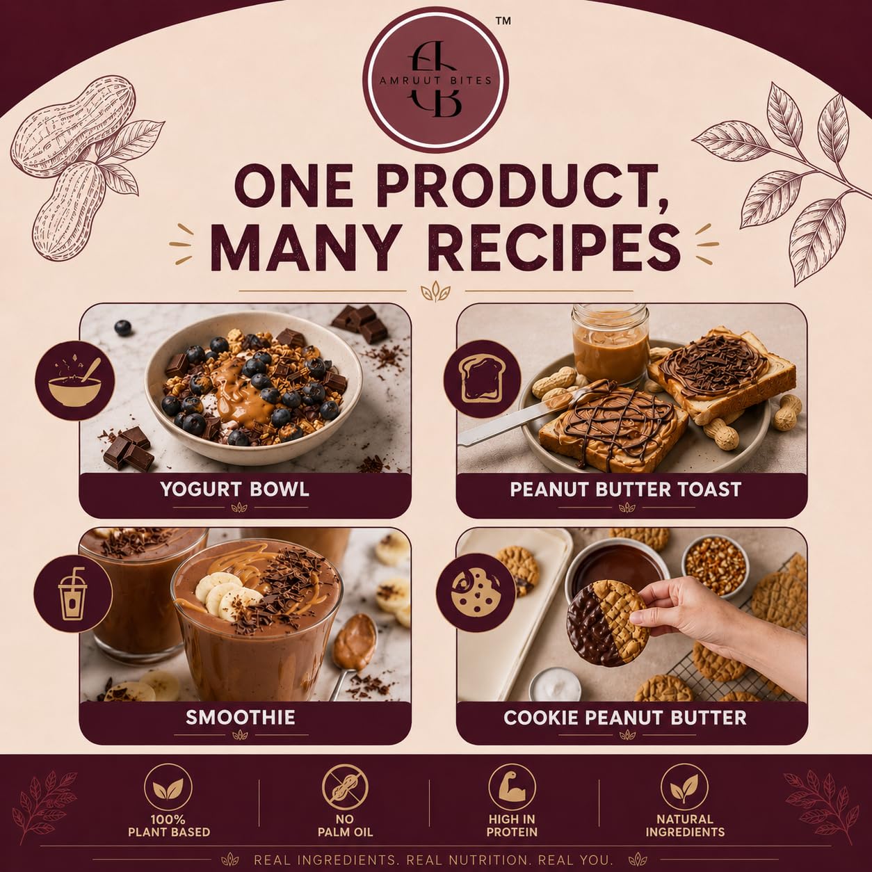 Amruutbites Peanut Butter Dark Chocolate Crunchy, High Protein Spread, Non GMO, Gluten Free, Dairy Free