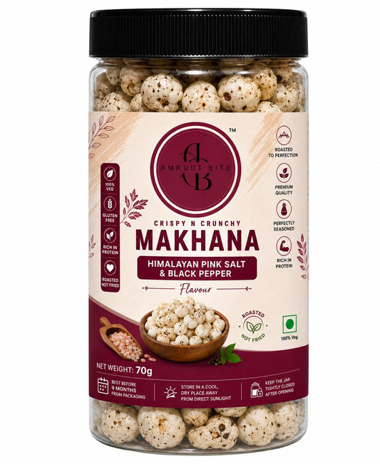 Amruut Bite Crispy N Crunchy Makhana, Himalayan Pink Salt & Black Pepper Flavour, Roasted Not Fried, Gluten Free, 70g
